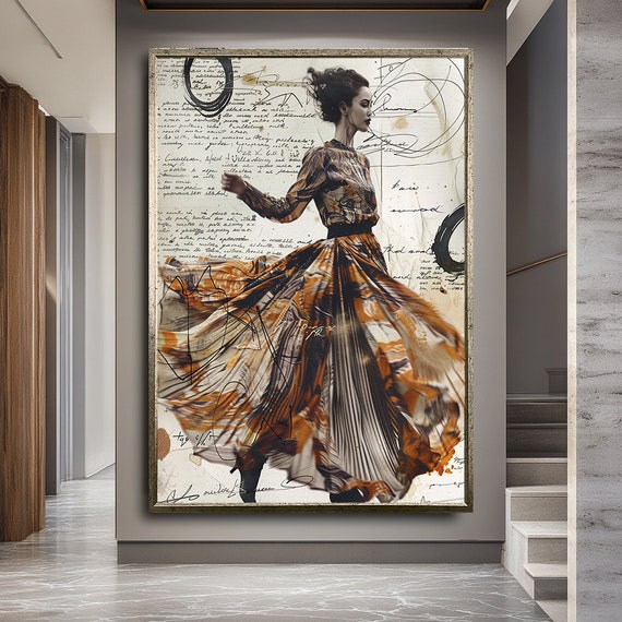 Elegant Woman In Flowing Dress Art Abstract Fashion Illustration Graceful Movement Wall Decor Wall Art