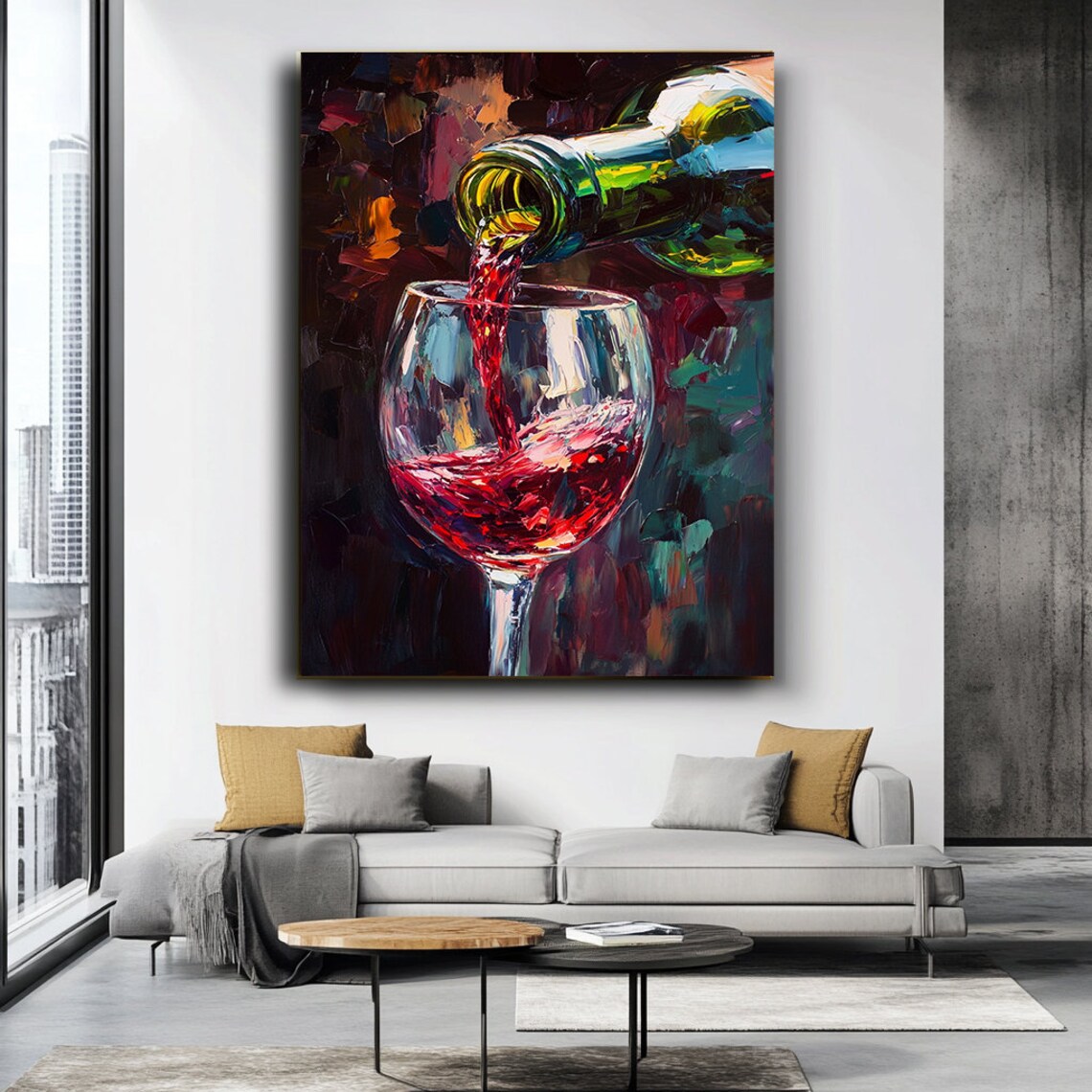 Red Wine Pouring Green Bottle Glass Impasto Oil Painting Kitchen Wall Poster - Image 3