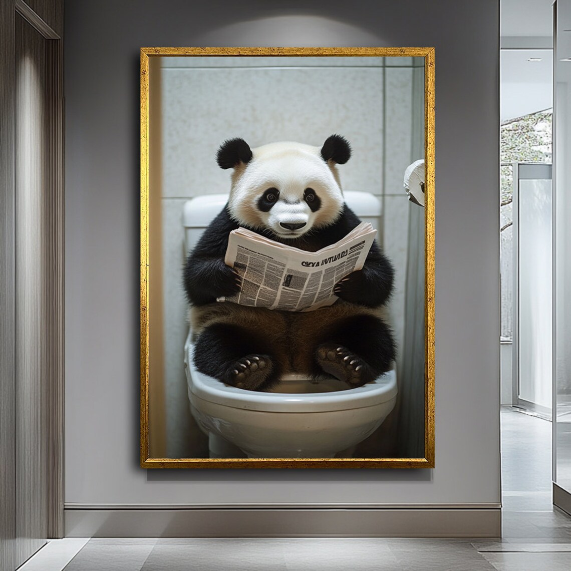 Funny Panda on Toilet, Humorous Bathroom Art Print