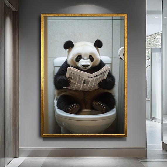 Funny Panda on Toilet, Humorous Bathroom Art Print