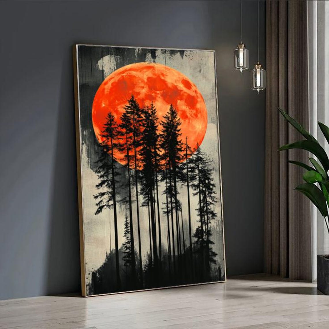 Red Blood Moon Rising Over Pine Forest Silhouette Night Sky Art Poster - Image 4