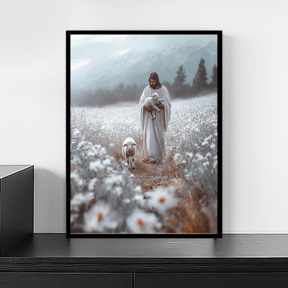 Jesus Holding Lamb Walking Flower Field Peaceful Christian Religious Art Print - Image 2