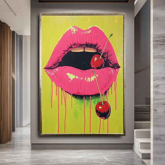 Colorful Pop Art Lips With Cherries Print Modern Wall Art Decor For Living Room Bedroom Office Bold Vibrant Artwork