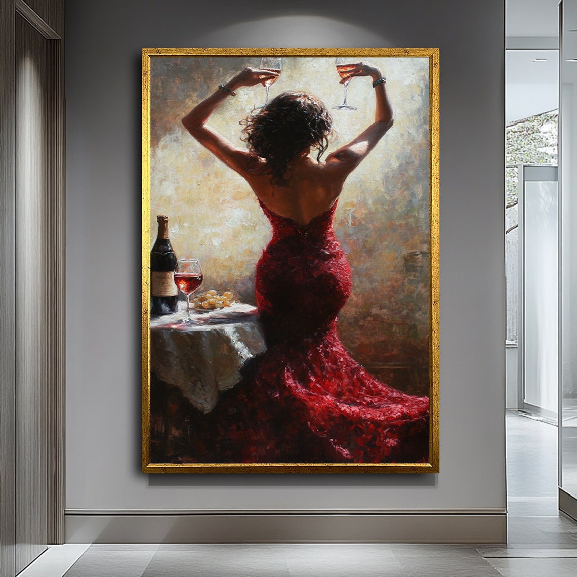 Sexy Woman In Red Dress Art Elegant Woman Holding Wine Glass Sensual Wall Decor Modern Portrait For Living Room - Image 4