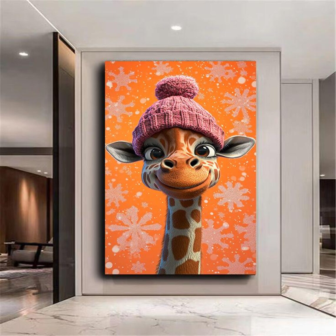 Cute Giraffe in Pink Knit Hat Orange Snowflake Background Nursery Wall Art - Image 2