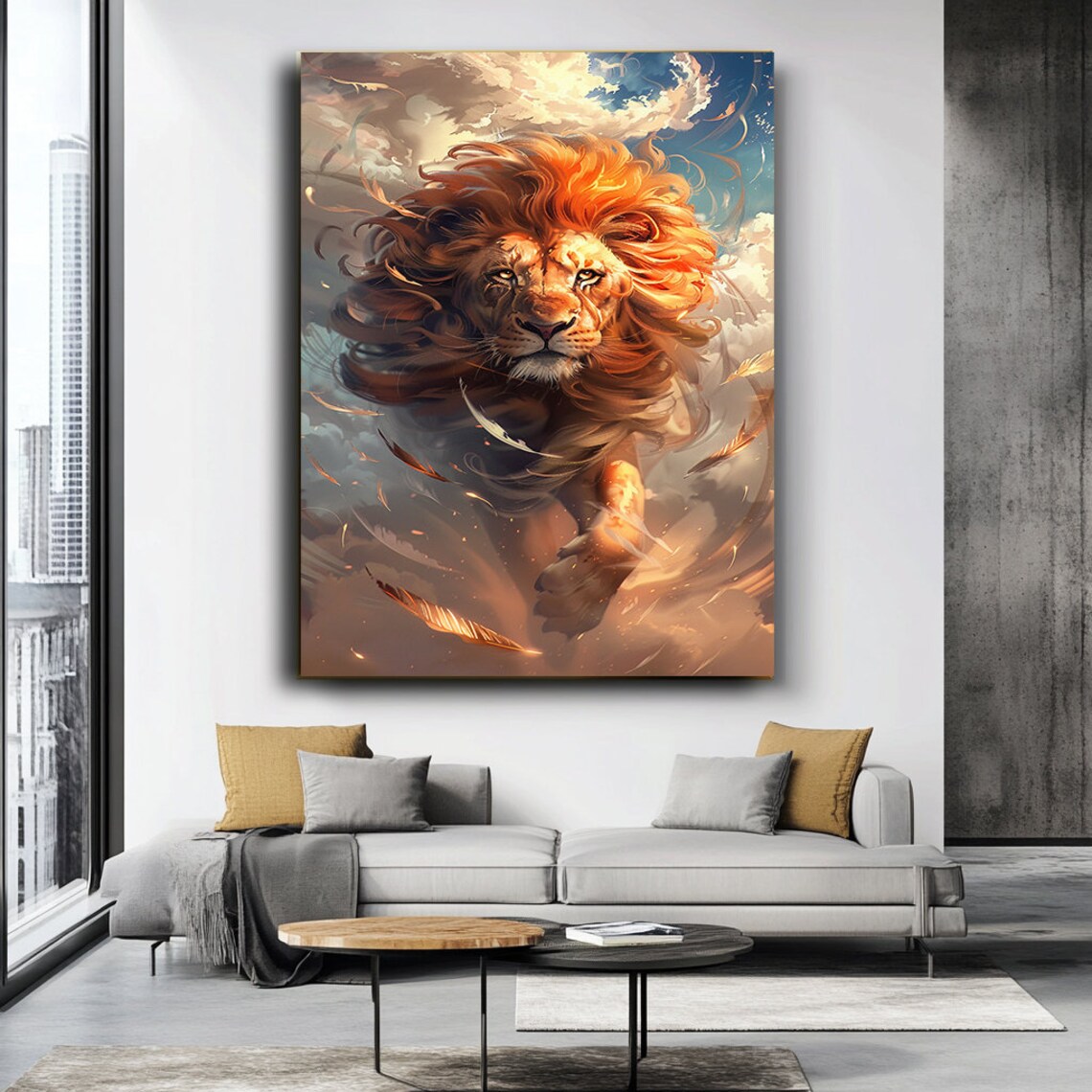 Powerful Lion Leaping Through Clouds Fiery Mane Dynamic Fantasy Art Poster - Image 2