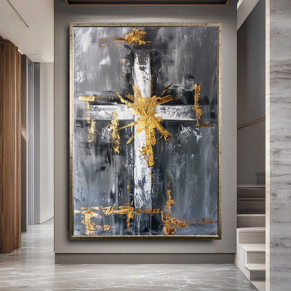 Gold Cross Grey Black Abstract Faith Religious Wall Art Poster