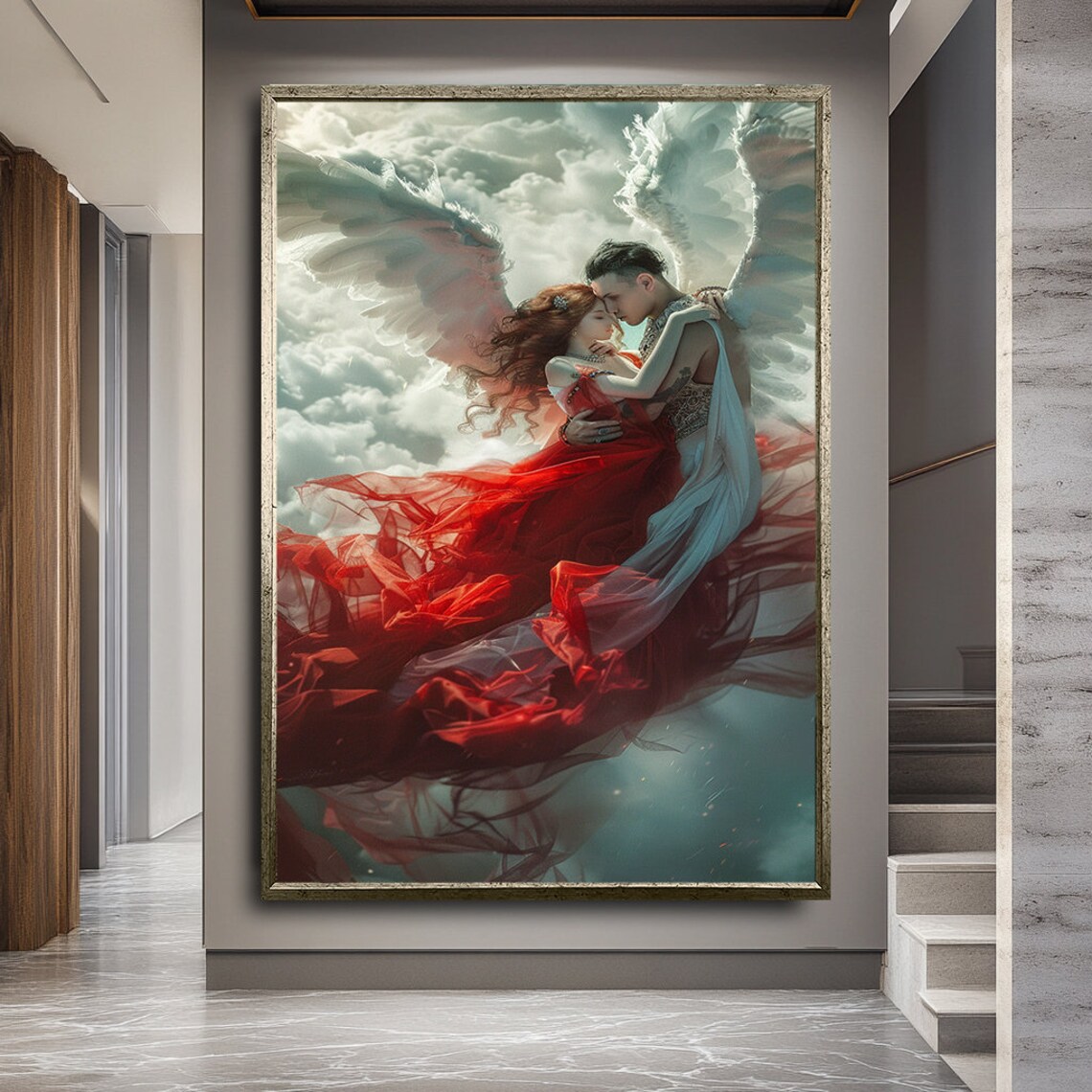 Angel Couple Embracing Among Clouds Romantic Fantasy Wings Love Art Poster - Image 2