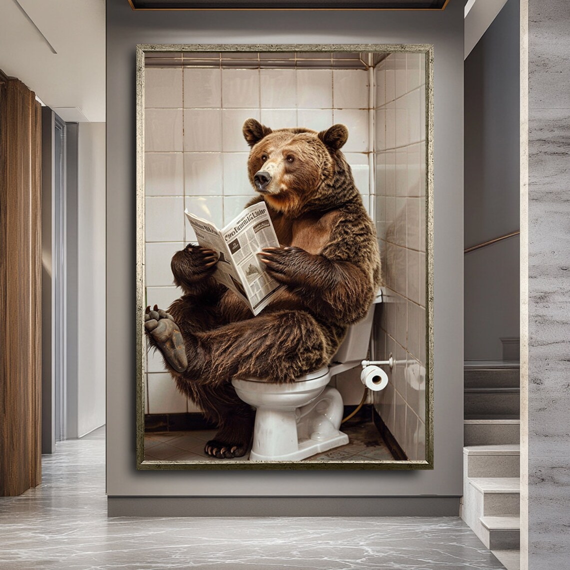 Funny Bear Sitting On Toilet Reading Newspaper Humorous Bathroom Wall Art Poster - Image 3