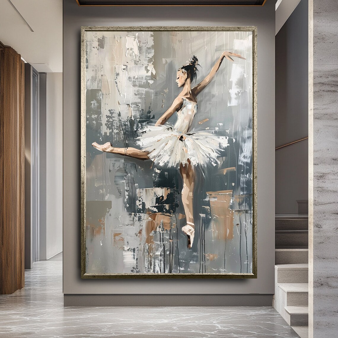 Elegant Ballerina White Tutu Arabesque Pose Gray Abstract Ballet Art Poster - Image 2