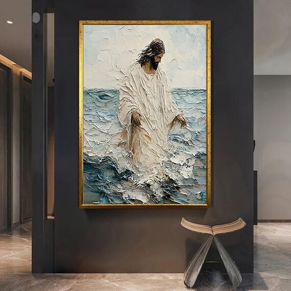 Jesus Walking on Water Textured Impasto Oil Painting Faith Art Poster