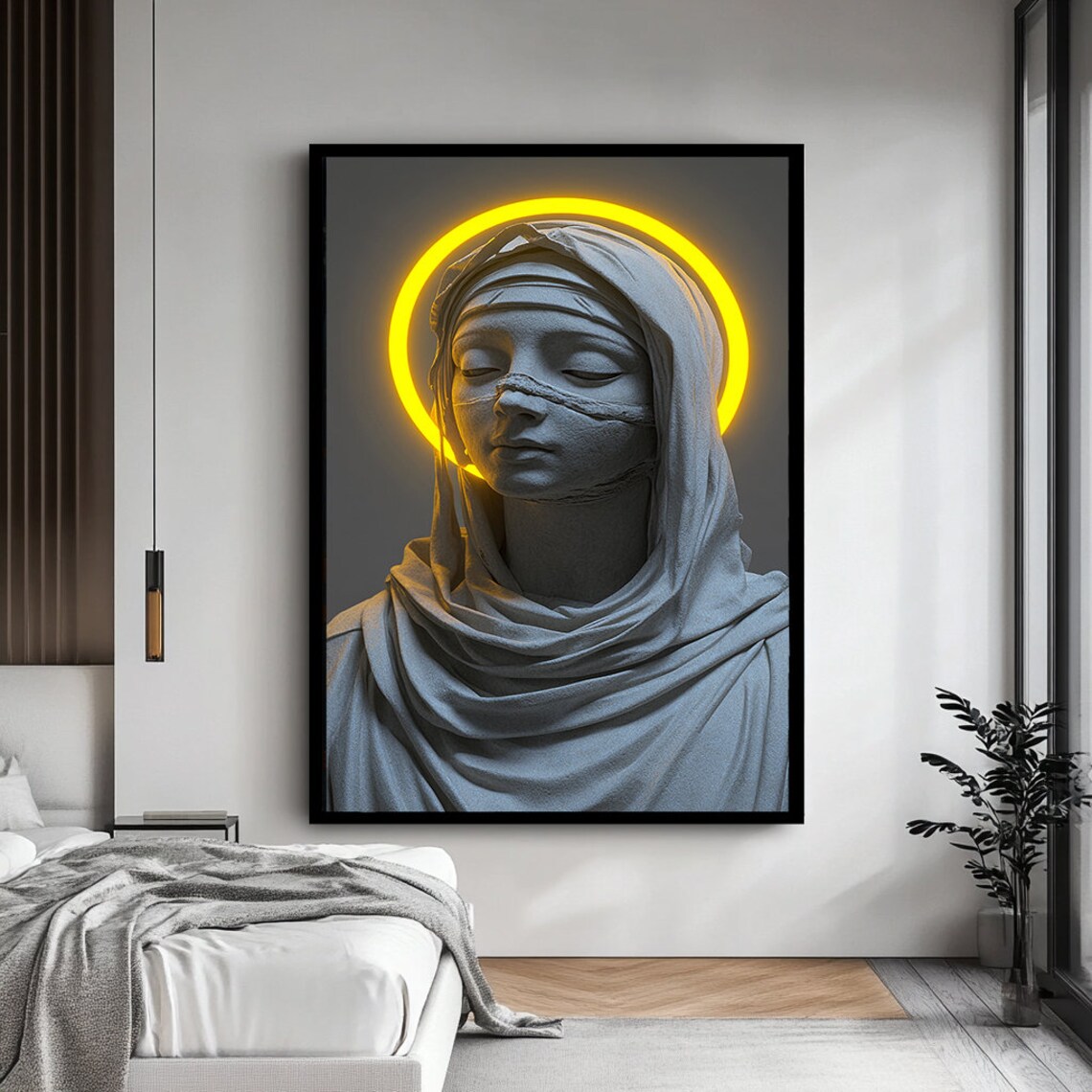 Virgin Mary Statue Glowing Halo Stone Sculpture Religious Sacred Art Wall Poster - Image 4