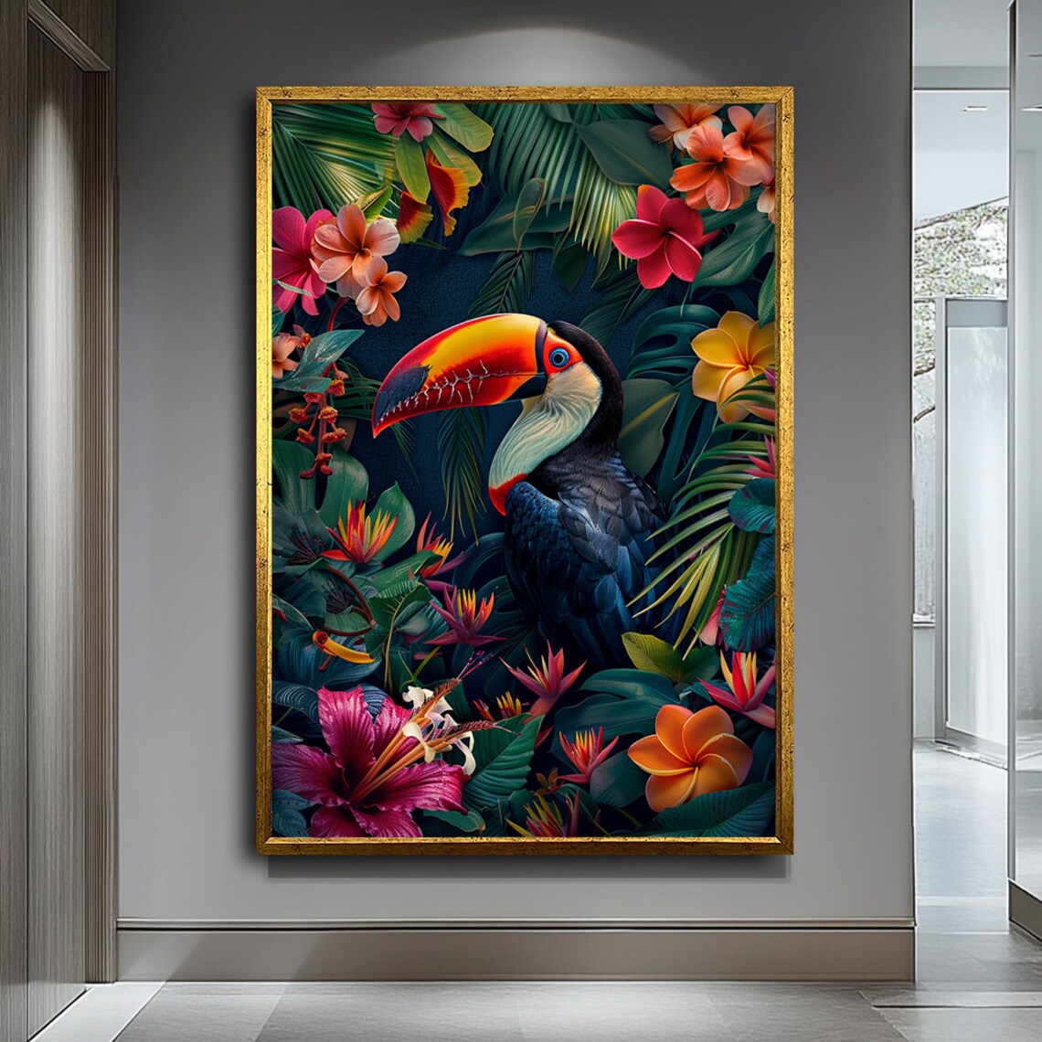 Colorful Toucan In Lush Tropical Jungle Foliage Exotic Bird Wall Art