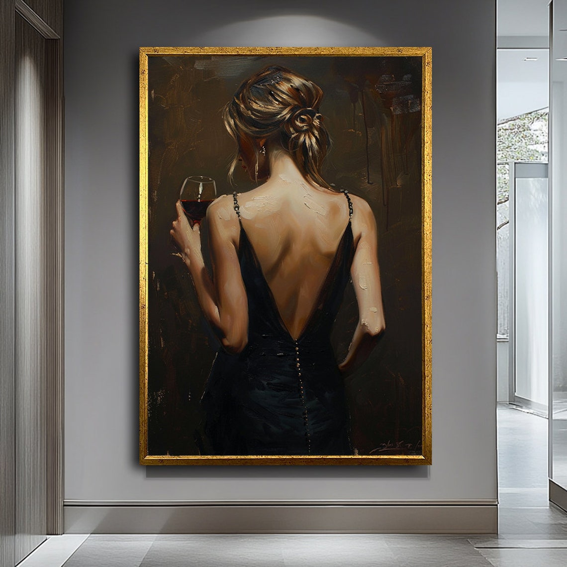 Woman Backless Evening Gown Holding Wine Dark Moody Art Poster