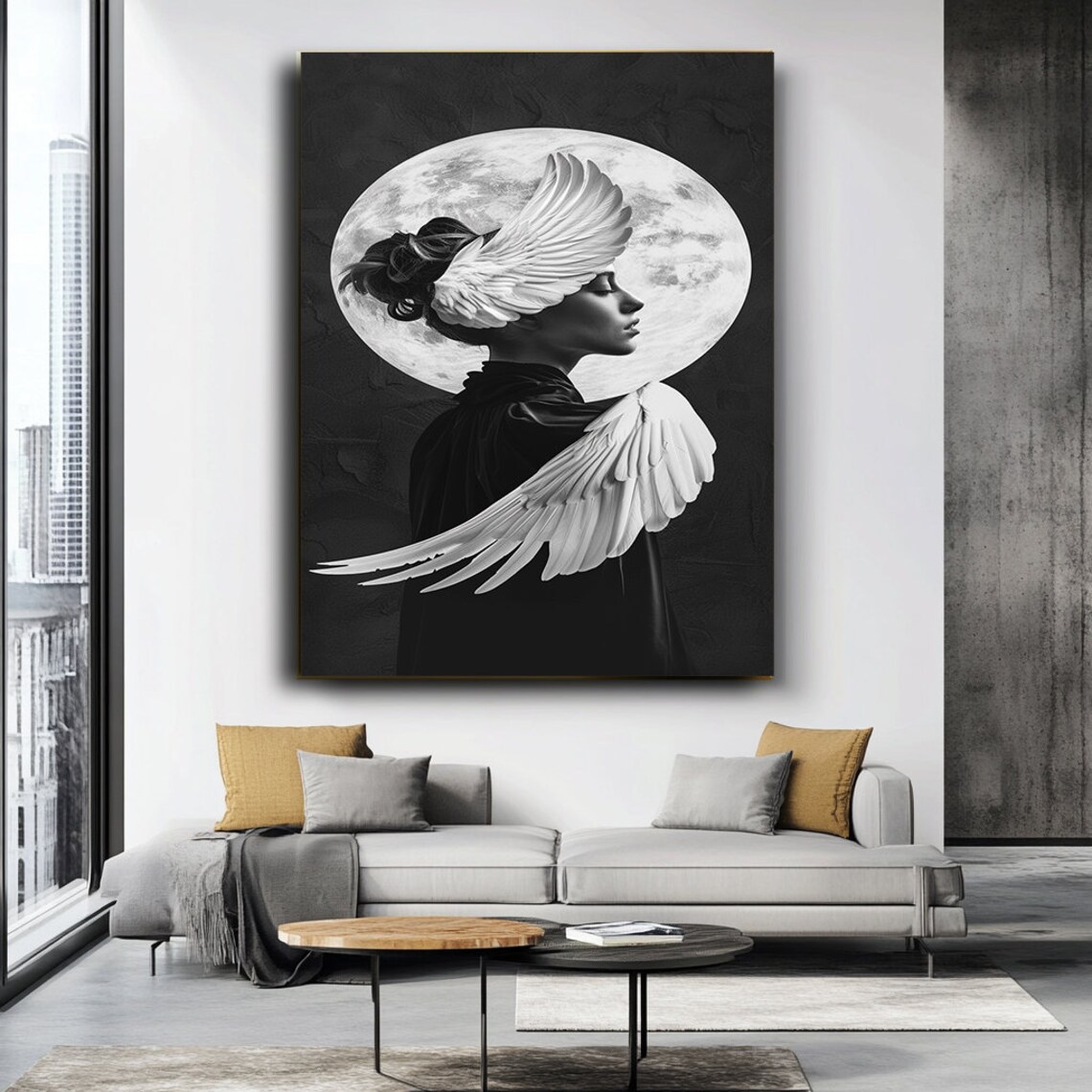 Angel Woman White Wings Full Moon Mystical Black And White Art Poster - Image 3