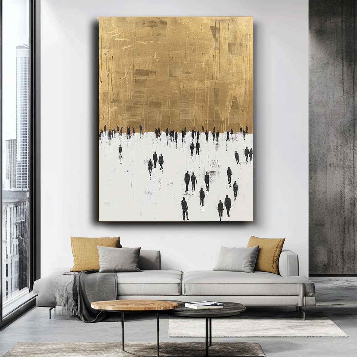 Gold Abstract With Black Crowd Silhouettes Minimalist Poster - Image 3