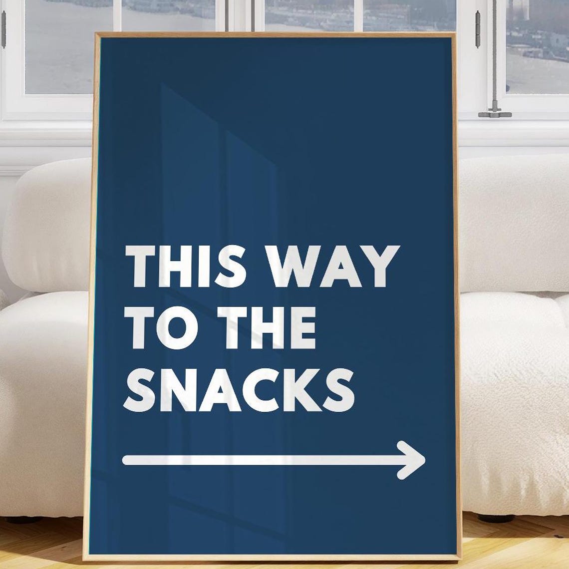 This Way to the Snacks Navy Blue Arrow Funny Kitchen Sign Poster