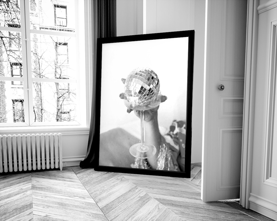 Disco Ball Poster, Black and White Cocktail Art - Image 3