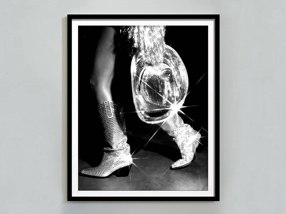 Retro Western Cowgirl Boot Art Print, Black And White