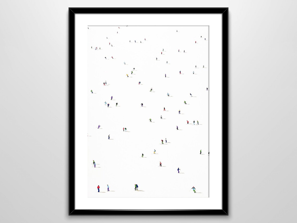 Tiny Colorful Skiers Aerial View Vast White Slope Minimalist Art Poster - Image 2