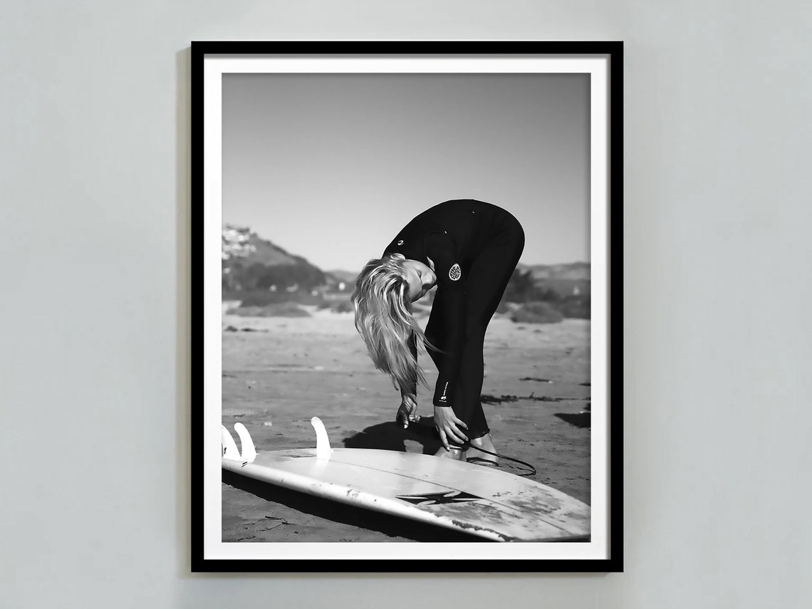 Woman Surfer Wetsuit With Surfboard Beach Black And White Poster