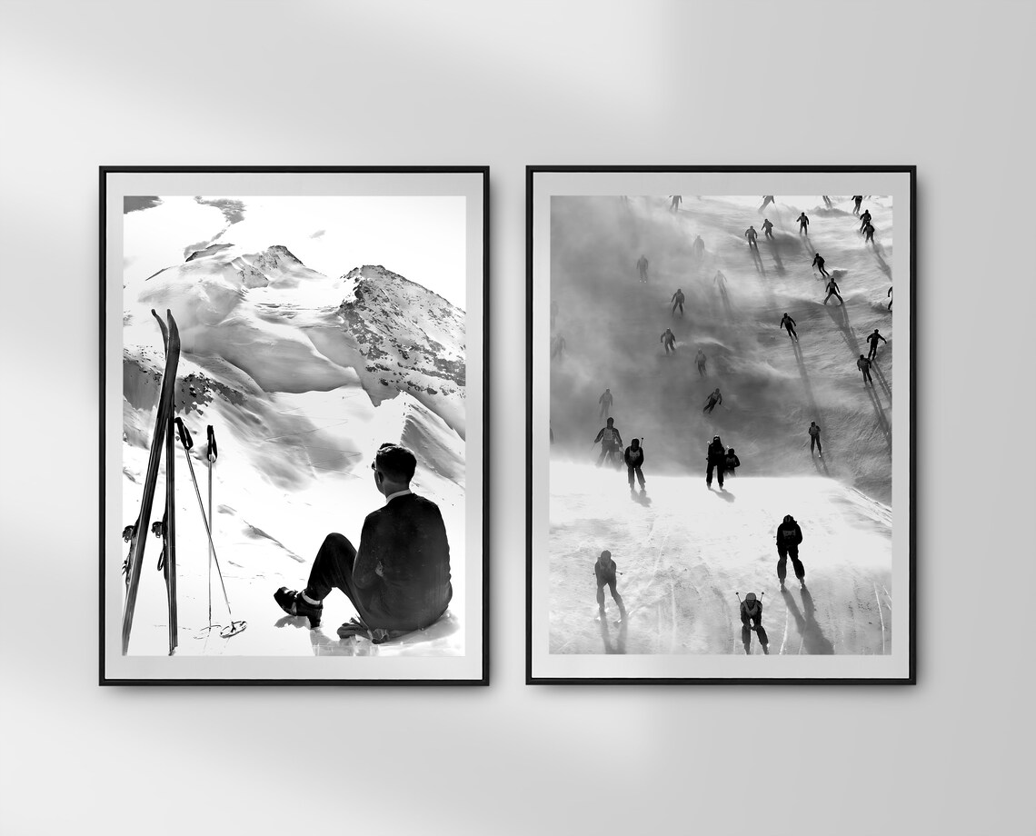 Skiers Crossing Foggy Slope Aerial View Black And White Winter Poster - Image 2