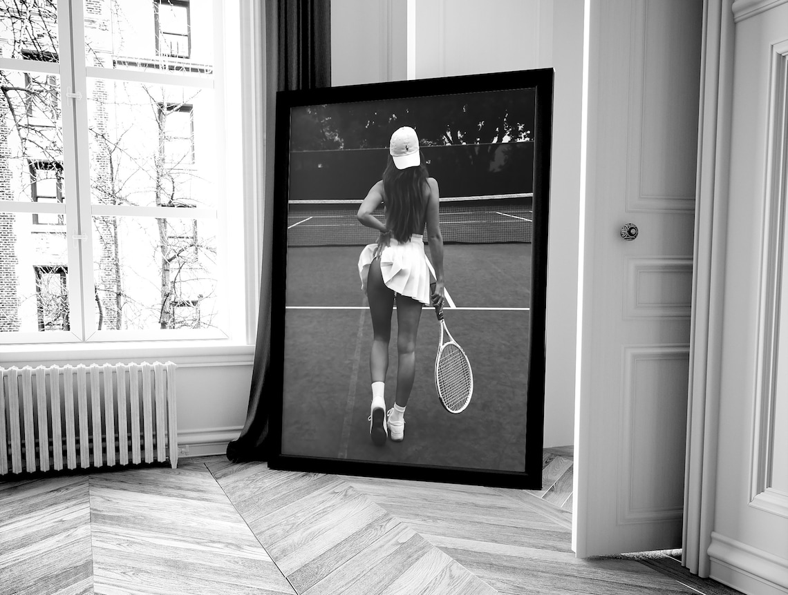 Woman On Tennis Court White Skirt Wind Playful Black And White Print - Image 4