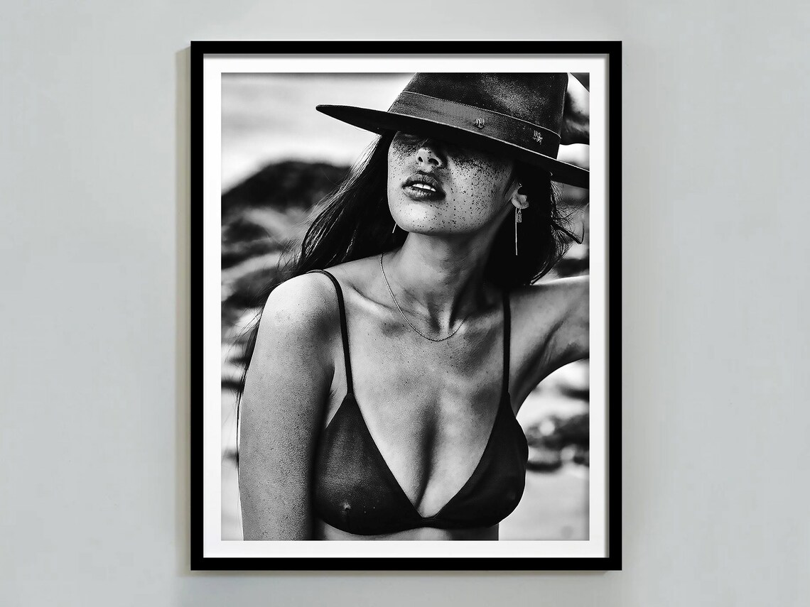 Coastal Cowgirl Hat Freckles Close Up Black And White Beach Poster