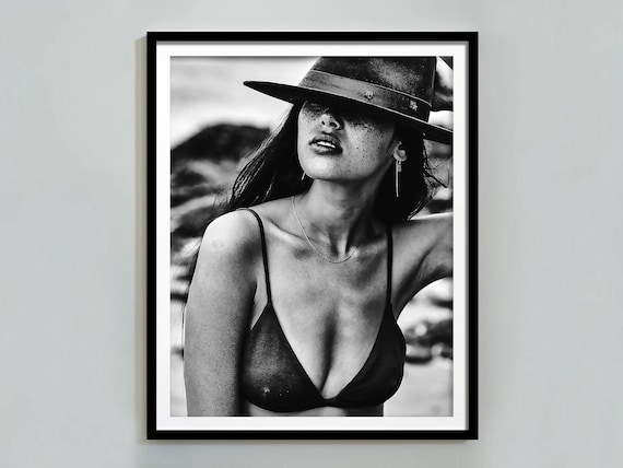 Coastal Cowgirl Hat Freckles Close Up Black And White Beach Poster