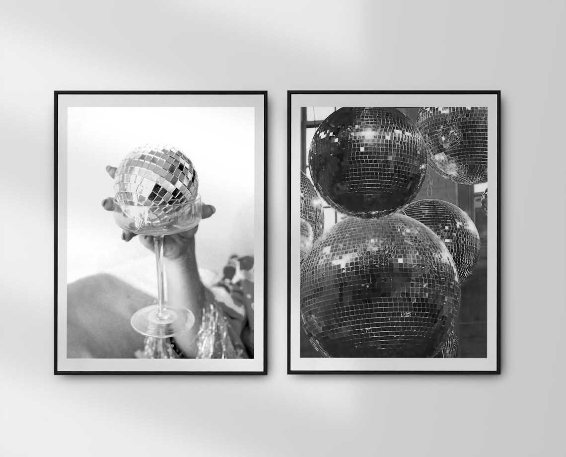 Disco Ball Poster, Black and White Cocktail Art - Image 2