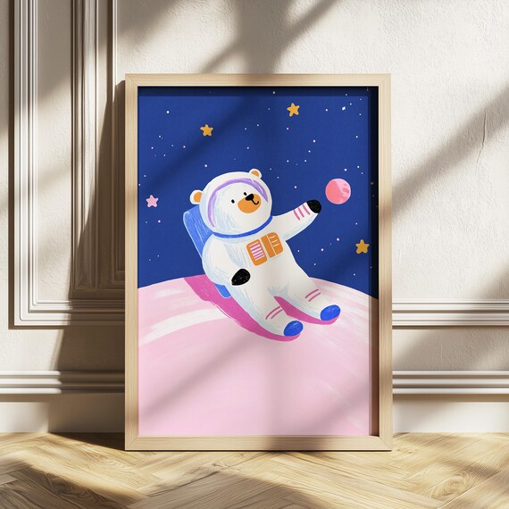 Astronaut Bear Poster Space Nursery Wall Art For Girls Room Decor Girly Pink Blue Playroom Gender Neutral