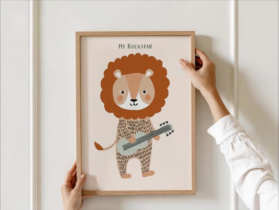 Rockstar Lion Nursery Wall Art Cute Animal Kids Room Decor Guitar Music Baby Print Gender Neutral Playful Poster