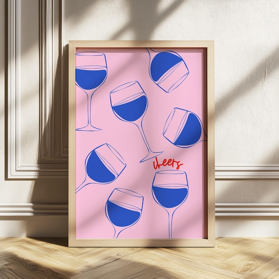 Cheers Blue Wine Glass Pattern Pink Fun Modern Kitchen Bar Poster