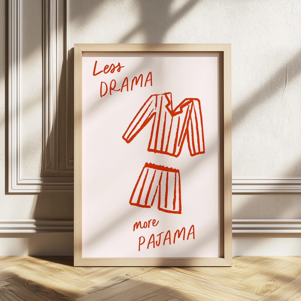 Less Drama More Pajama Red Pajamas Funny Quote Bedroom Poster
