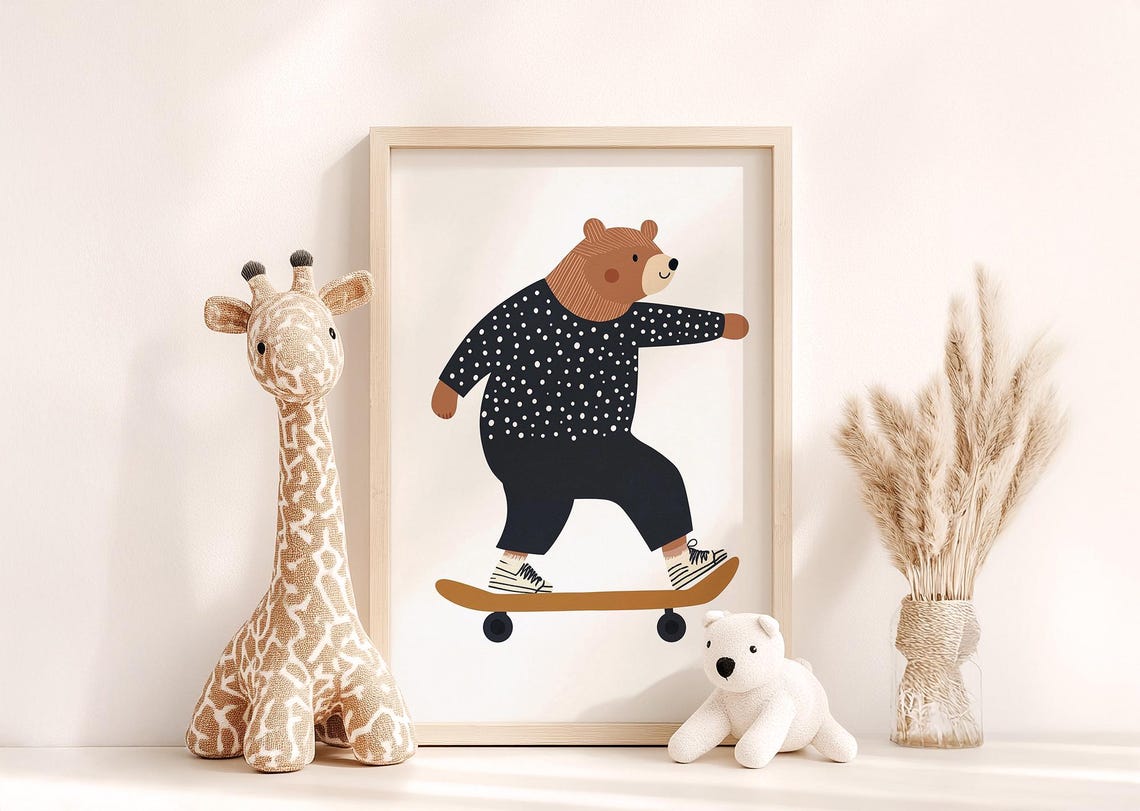Skateboarding Bear Cartoon Kids Room Nursery Animal Wall Poster