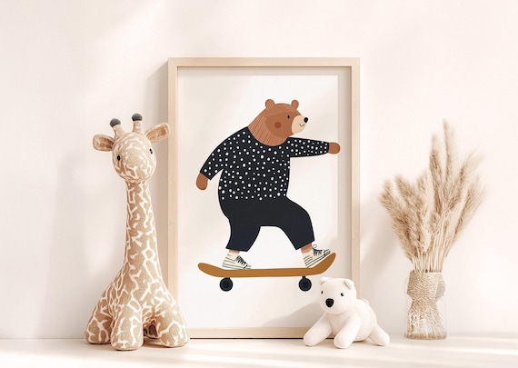 Skateboarding Bear Cartoon Kids Room Nursery Animal Wall Poster