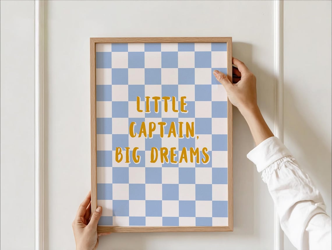 Little Captain Big Dreams Blue Checkered Kids Room Quote Poster