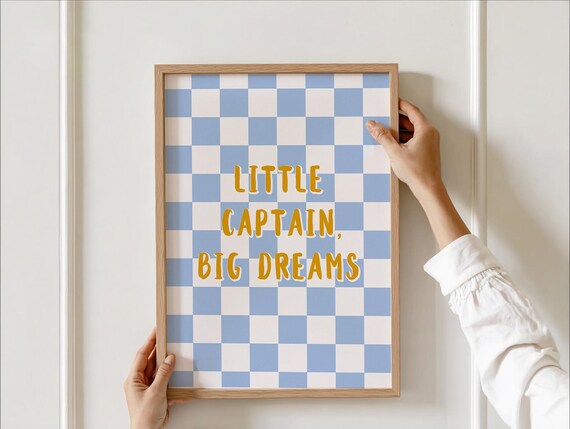 Little Captain Big Dreams Kids Wall Art Blue Checkered Boys Room Decor Quote Print For Nursery Playroom