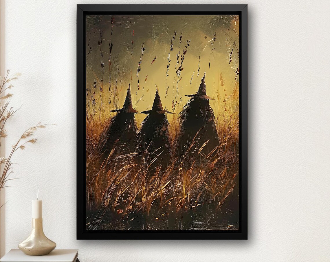 Three Witches in Golden Wheat Field Sunset Rustic Harvest Halloween Poster