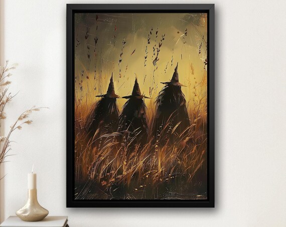 Three Witches in Golden Wheat Field Sunset Rustic Harvest Halloween Poster