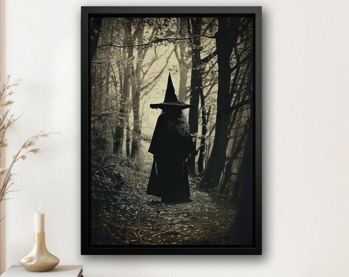 Witch Silhouette Walking Dark Forest Path Spooky Sepia Trail Poster