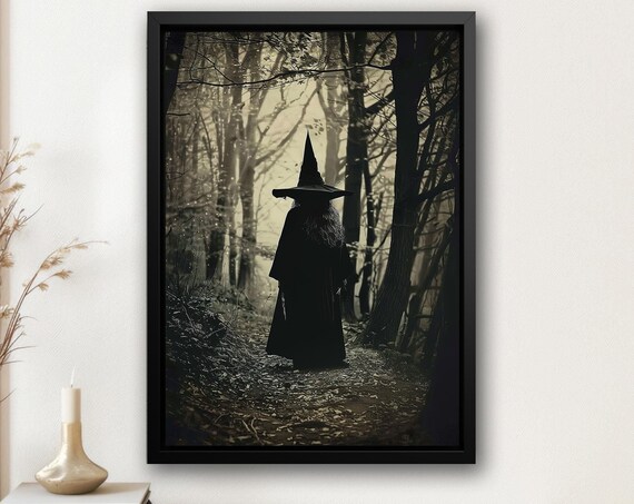 Witch Silhouette Walking Dark Forest Path Spooky Sepia Trail Poster