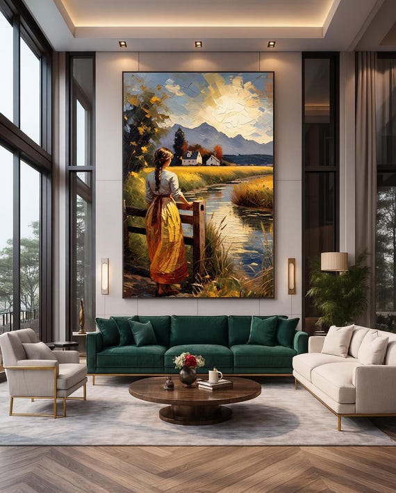 Countryside Girl By River Print Rustic Pastoral Landscape Wall Art