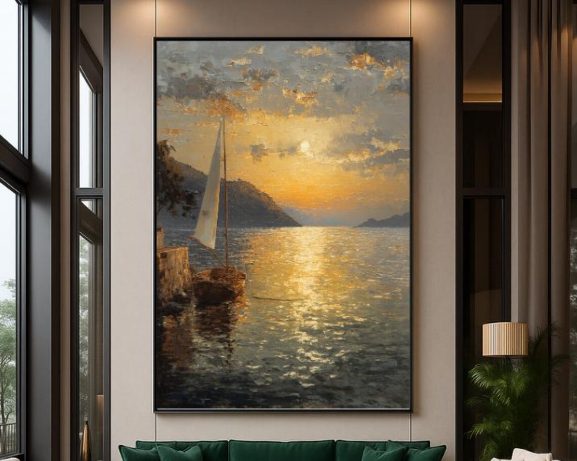 Sunset Sailboat Ocean Oil Painting Golden Waves Coastal Seascape Wall Art