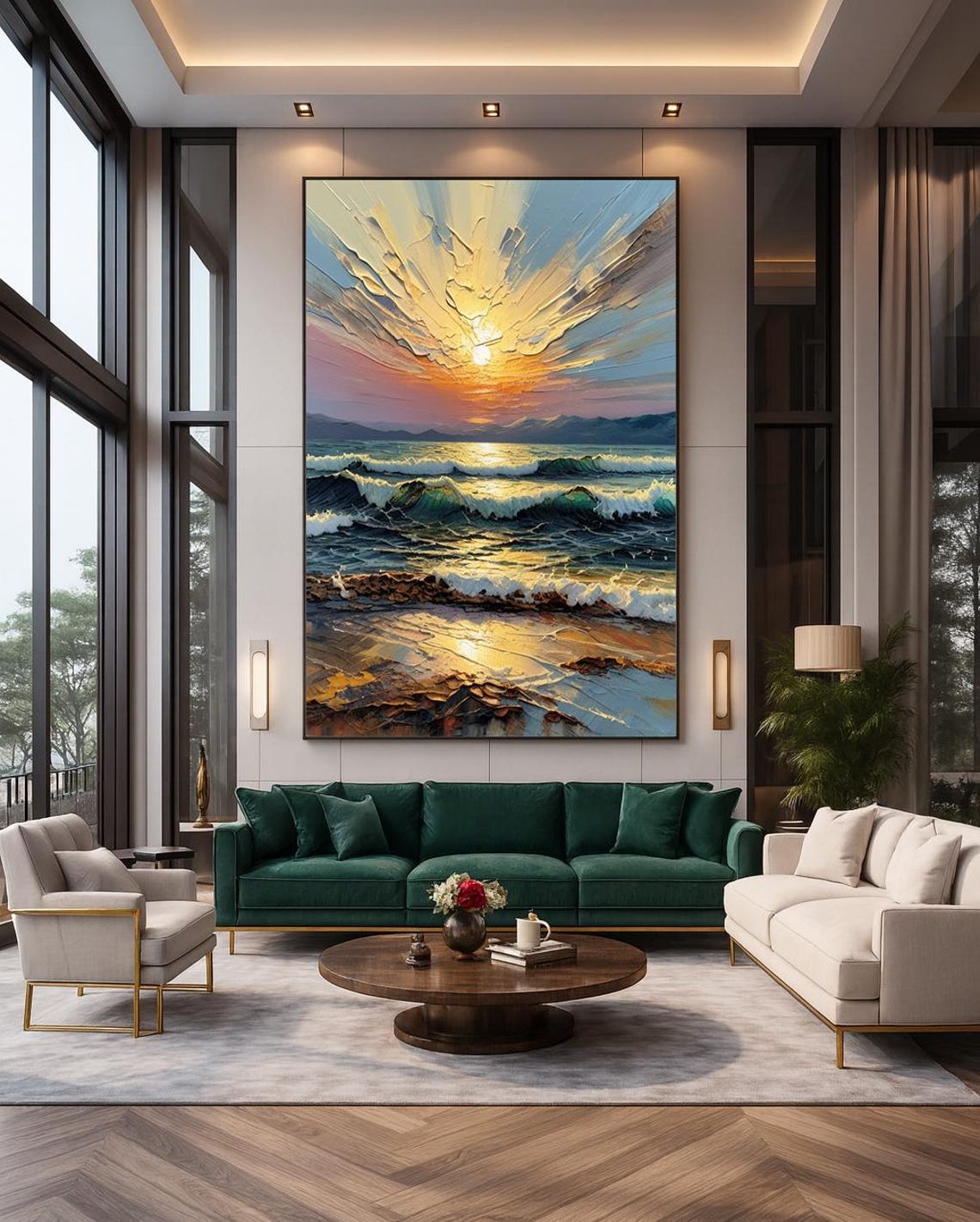 Golden Sunrise Over Ocean Waves Dramatic Coastal Seascape Poster
