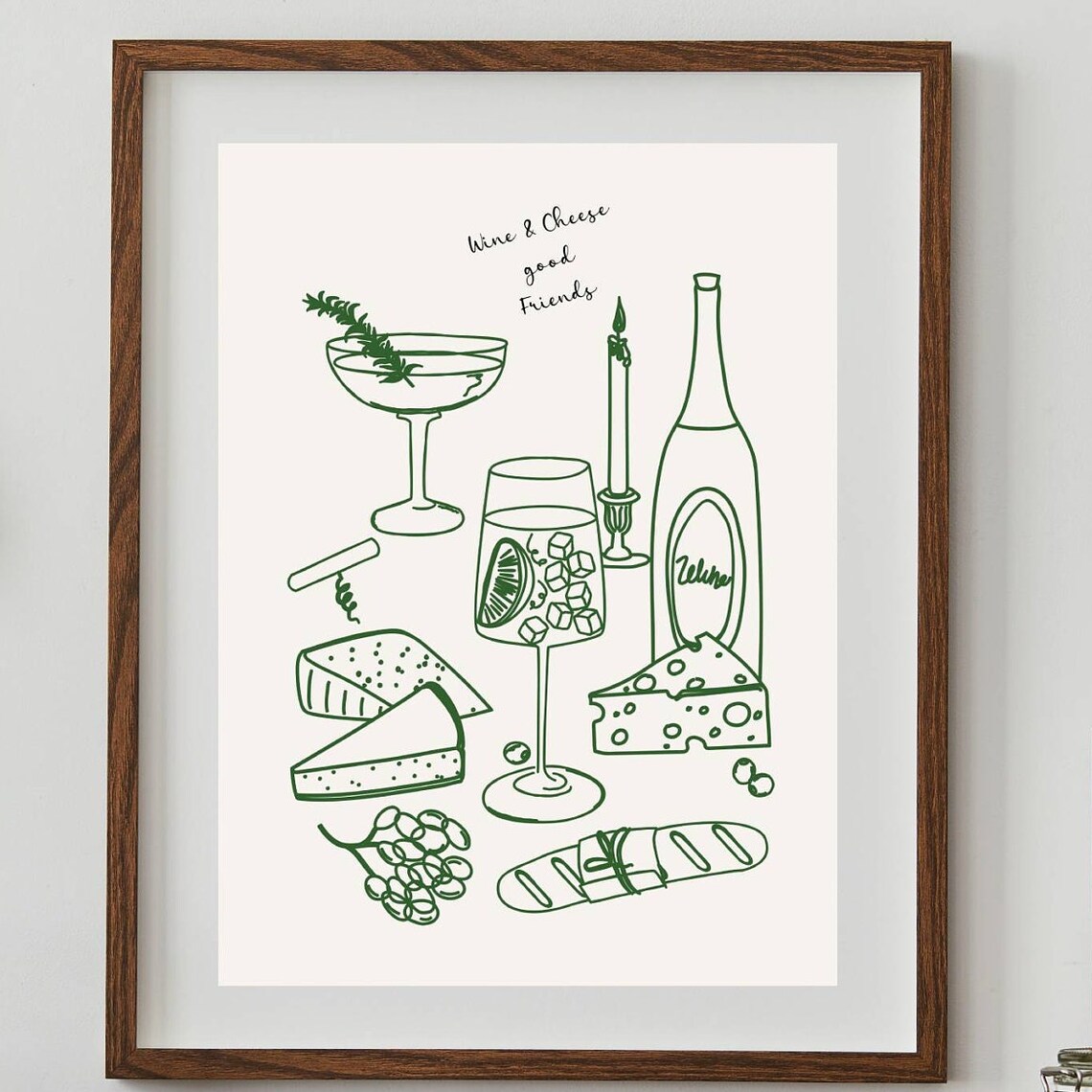 Green Wine And Cheese Kitchen Decor Art Print - Image 2