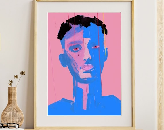 Neon Man Portrait Electric Blue Pink Background Bold Modern Art Print