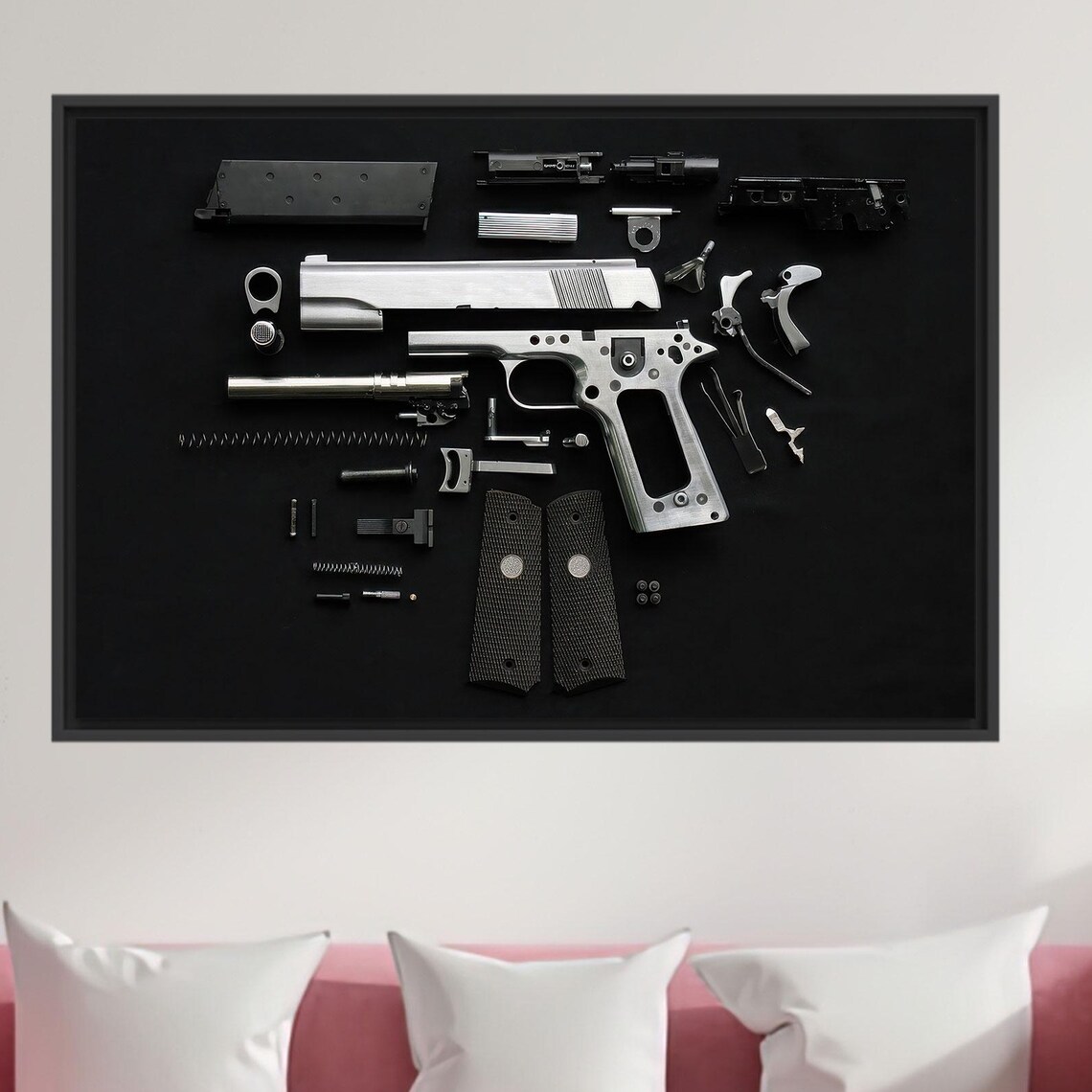 1911 Style Handgun Disassembled Parts Black Background Diagram Poster