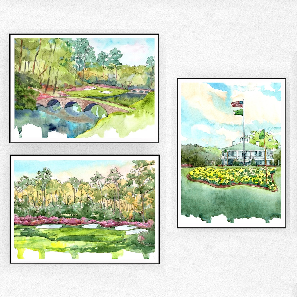 Augusta Golf Watercolor Art Print Set of 3