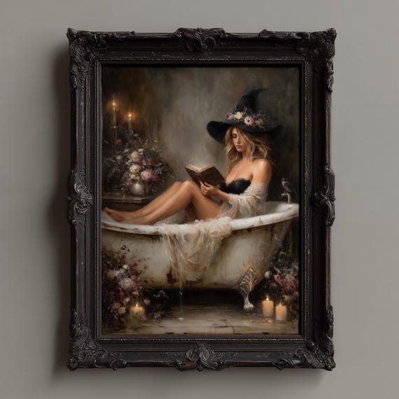 Witch Bathtub Portrait Moody Candlelit Fantasy Wall Art Dark Academia Witchy Romantic Gothic Boudoir Decor
